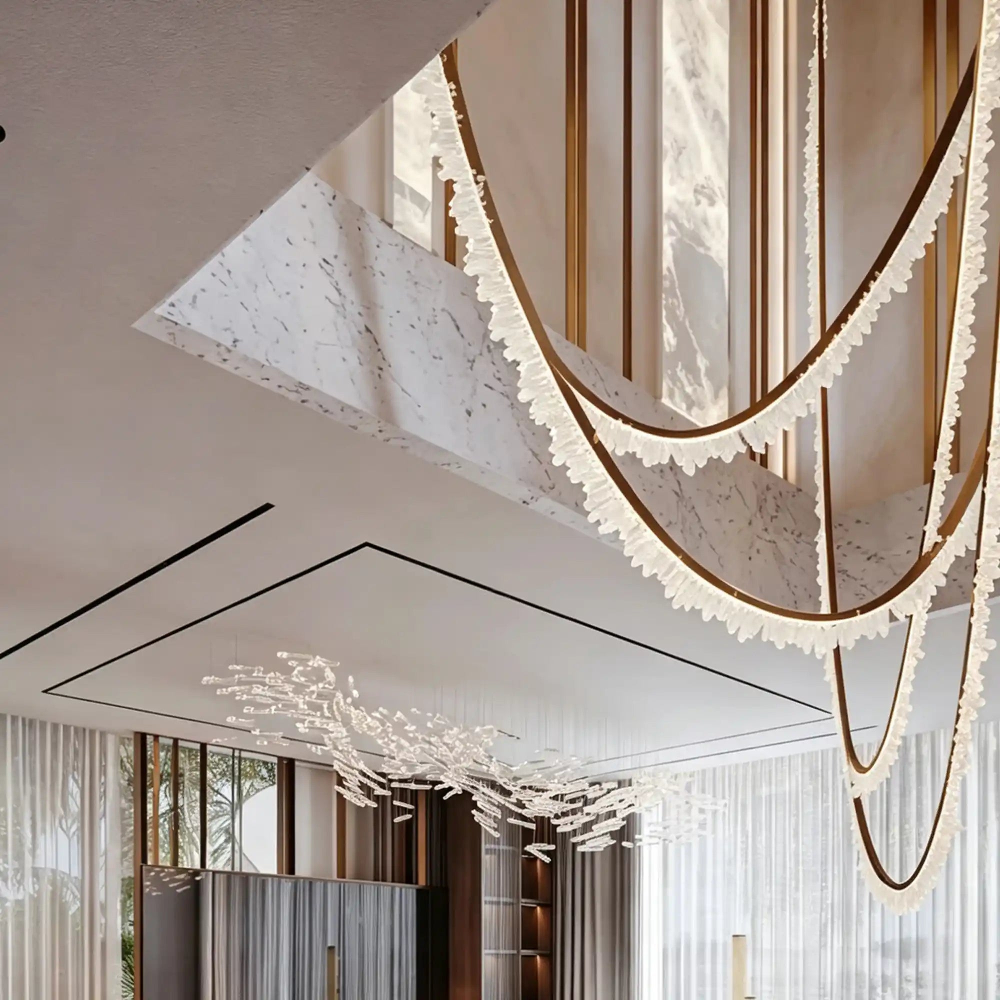Modern High-End Curved Necklace Natural Crystal Ceiling Chandelier - The Whole Set /8 chainsBrassWarm LightBlushlighting