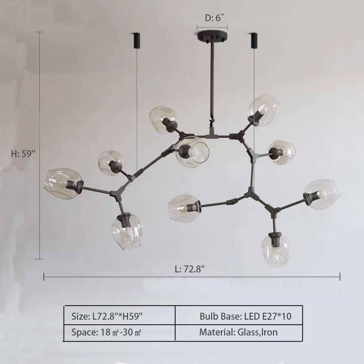 Modern Industrial Branch Chandelier with Multiple Glass Pendants Extra Large for Living or Dining Room - 10 Lights: L72.8"*H59.0"Black+Clear GlassWarm LightBlushlighting