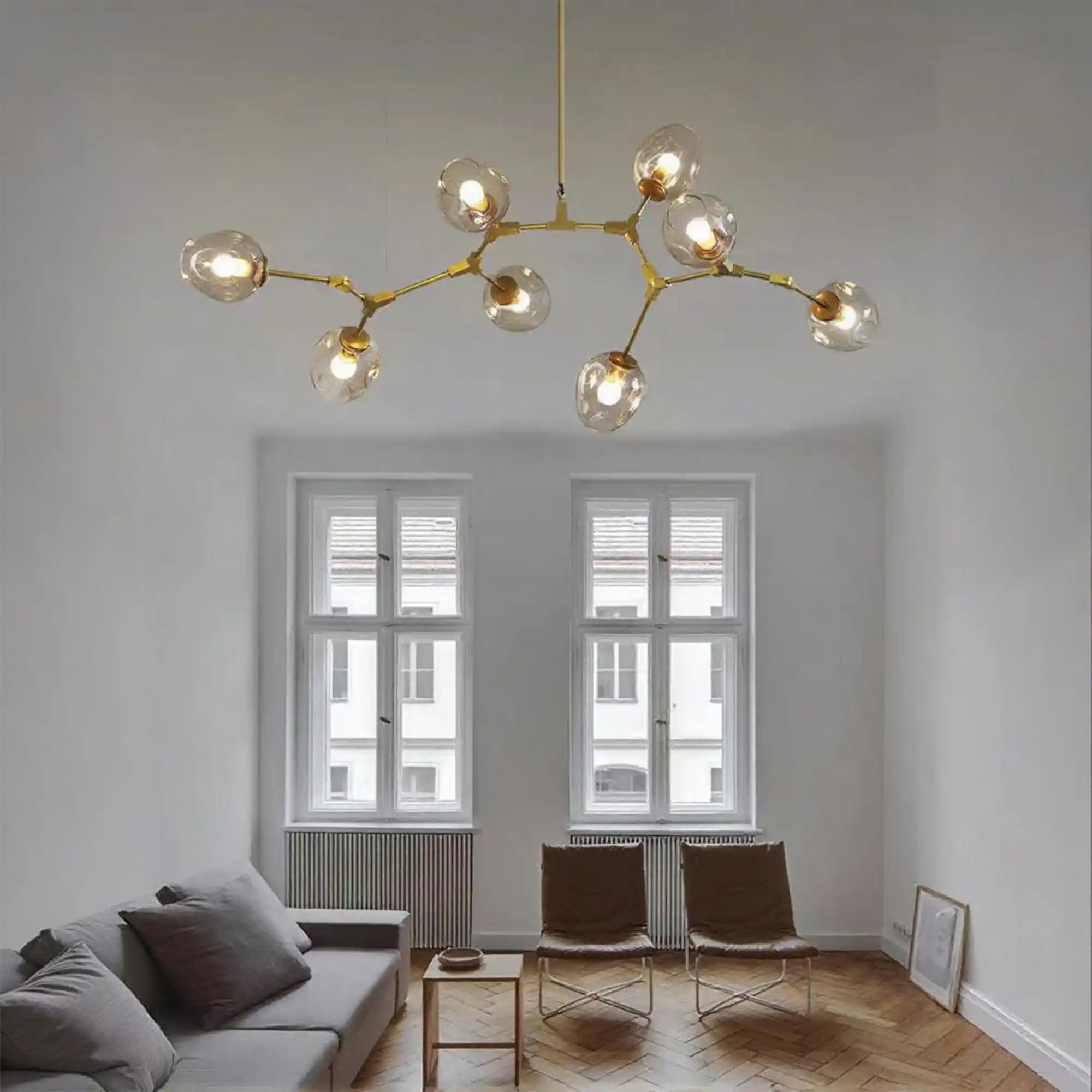 Modern Industrial Branch Chandelier with Multiple Glass Pendants Extra Large for Living or Dining Room - 5 Lights: L39.4"*H31.5"Brass+Clear GlassWarm LightBlushlighting