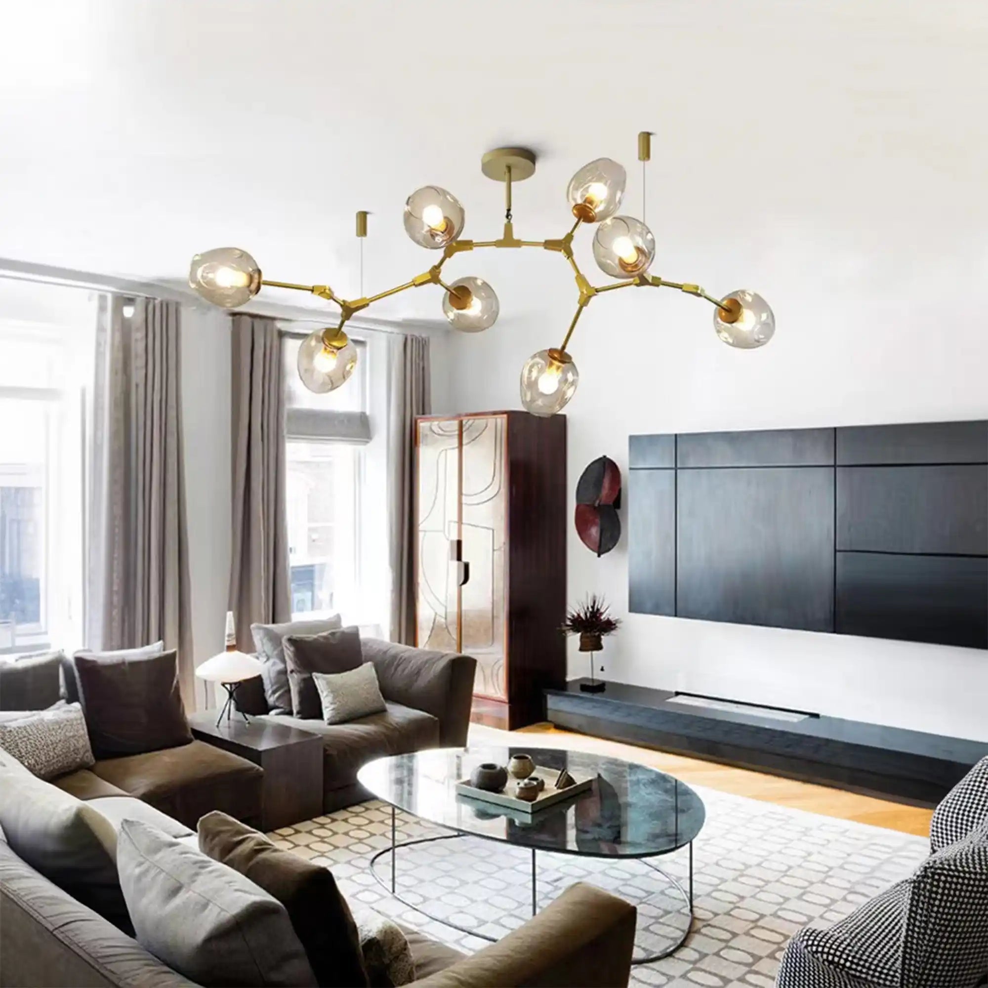 Modern Industrial Branch Chandelier with Multiple Glass Pendants Extra Large for Living or Dining Room - 5 Lights: L39.4"*H31.5"Brass+Clear GlassWarm LightBlushlighting