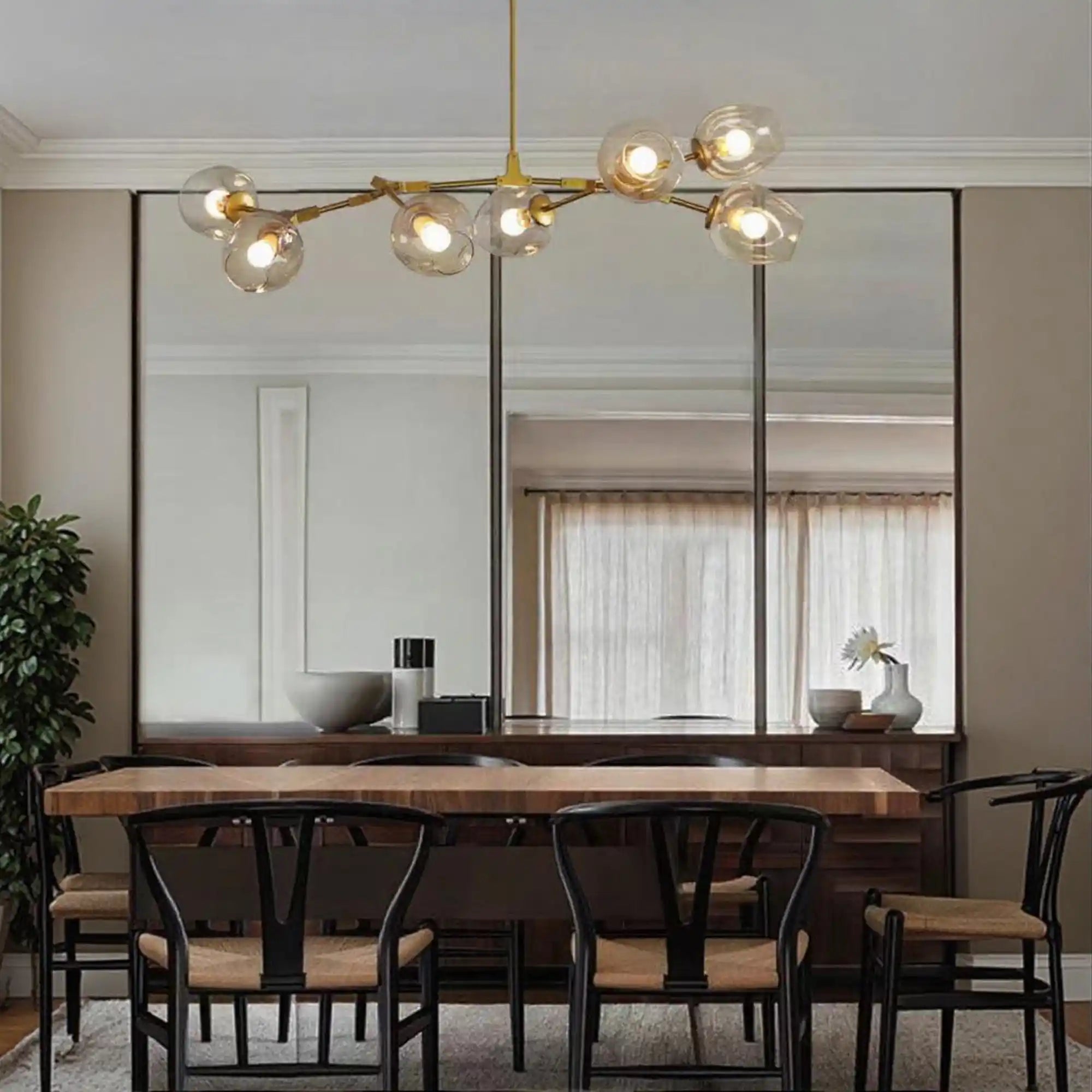 Modern Industrial Branch Chandelier with Multiple Glass Pendants Extra Large for Living or Dining Room - 7 Lights: L47.2"*H41.3"Brass+Clear GlassWarm LightBlushlighting
