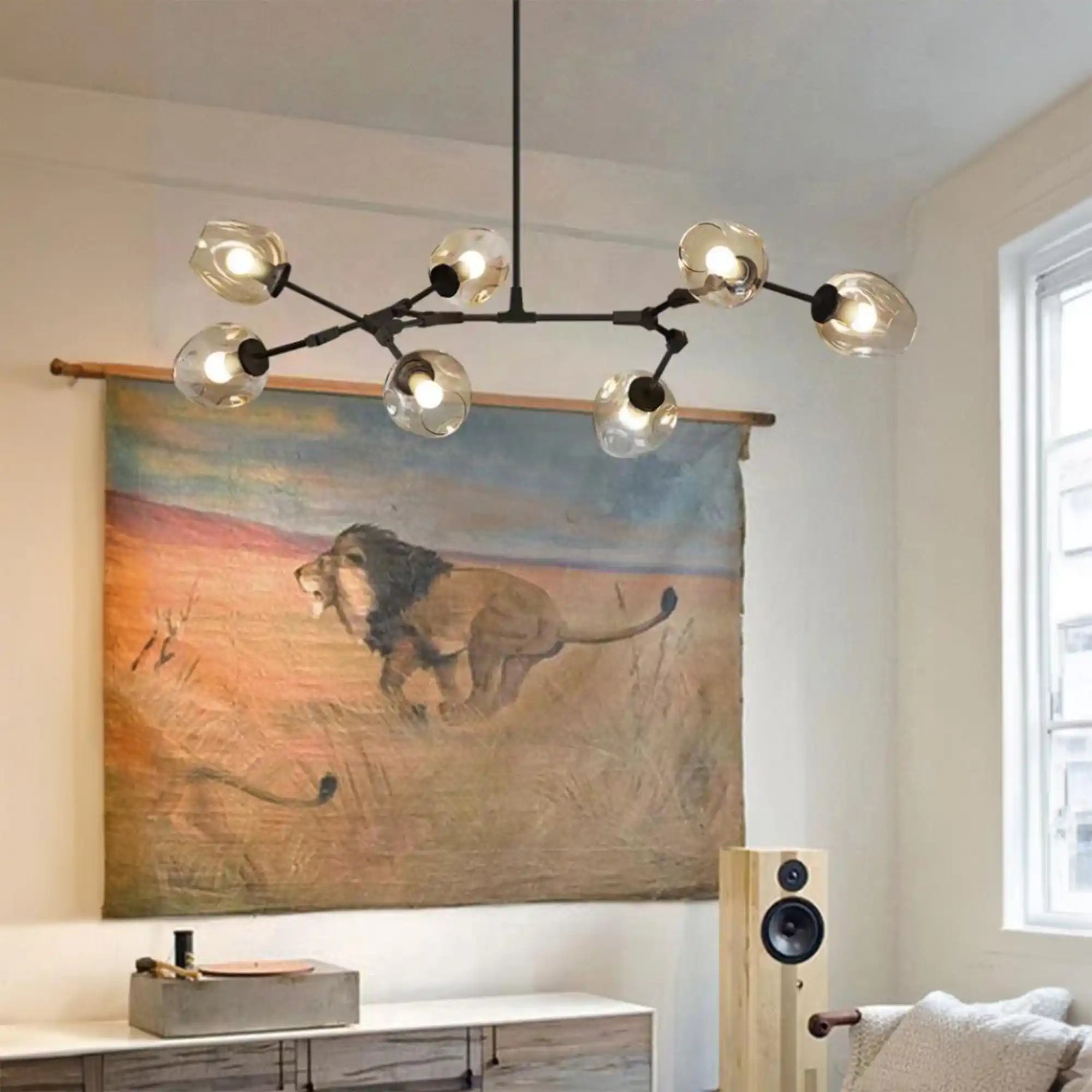 Modern Industrial Branch Chandelier with Multiple Glass Pendants Extra Large for Living or Dining Room - 7 Lights: L47.2"*H41.3"Black+Clear GlassWarm LightBlushlighting