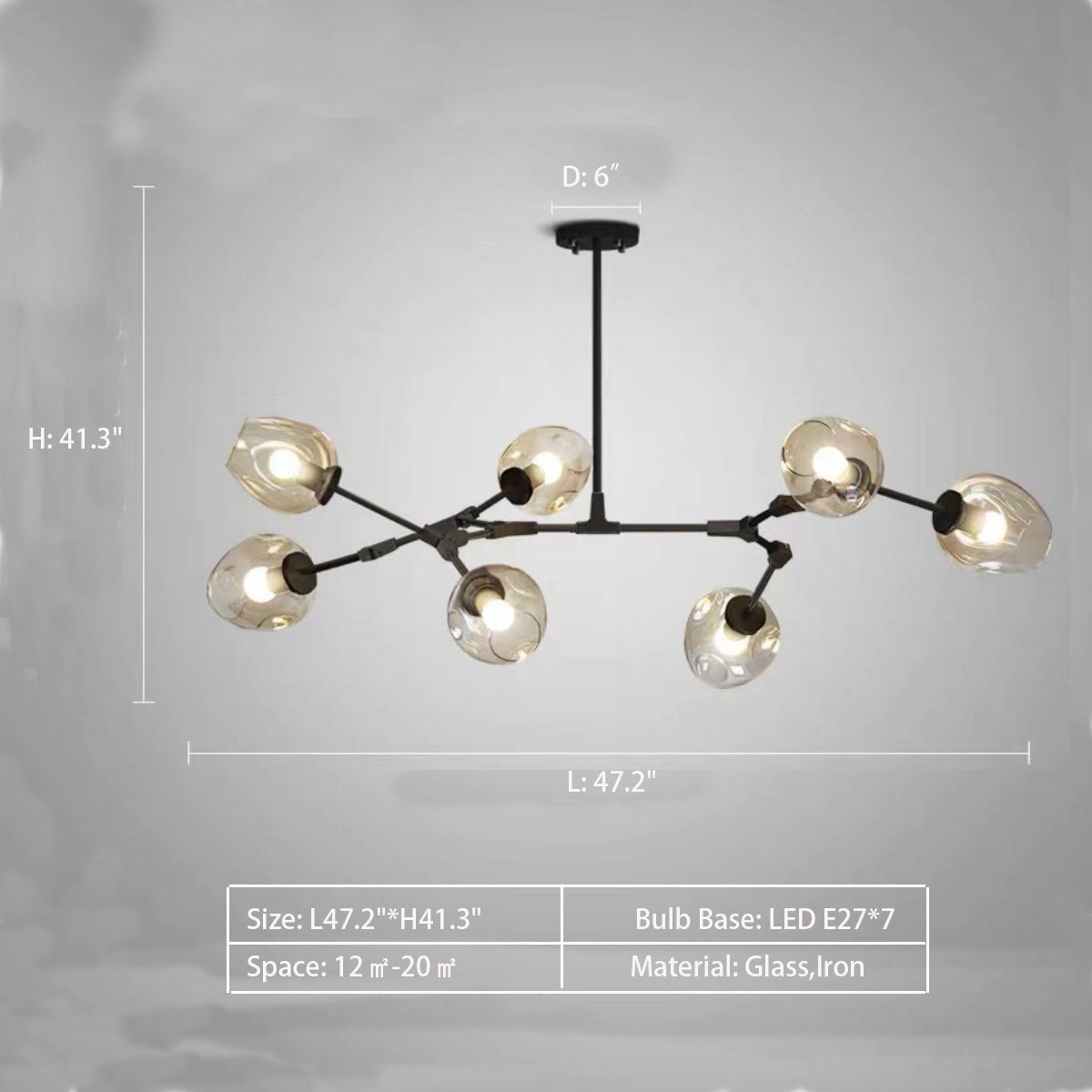 Modern Industrial Branch Chandelier with Multiple Glass Pendants Extra Large for Living or Dining Room - 7 Lights: L47.2"*H41.3"Black+Clear GlassWarm LightBlushlighting