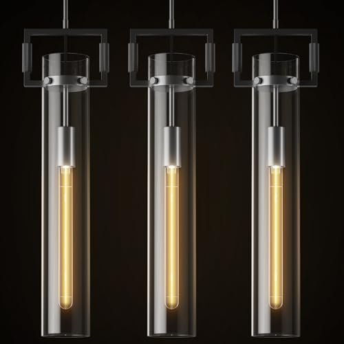 Modern Large Black Pendant Light Fixture Set of 2 - 21.6 Inch Adjustable Hanging Chandelier with Glass Shade & Brass Finish, Farmhouse Island Lighting for Kitchen, Dining Room, Bathroom - 2pc - BlackBlushlighting