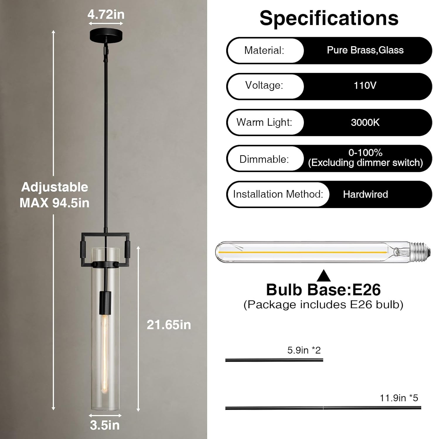 Modern Large Black Pendant Light Fixture Set of 2 - 21.6 Inch Adjustable Hanging Chandelier with Glass Shade & Brass Finish, Farmhouse Island Lighting for Kitchen, Dining Room, Bathroom - 2pc - BlackBlushlighting