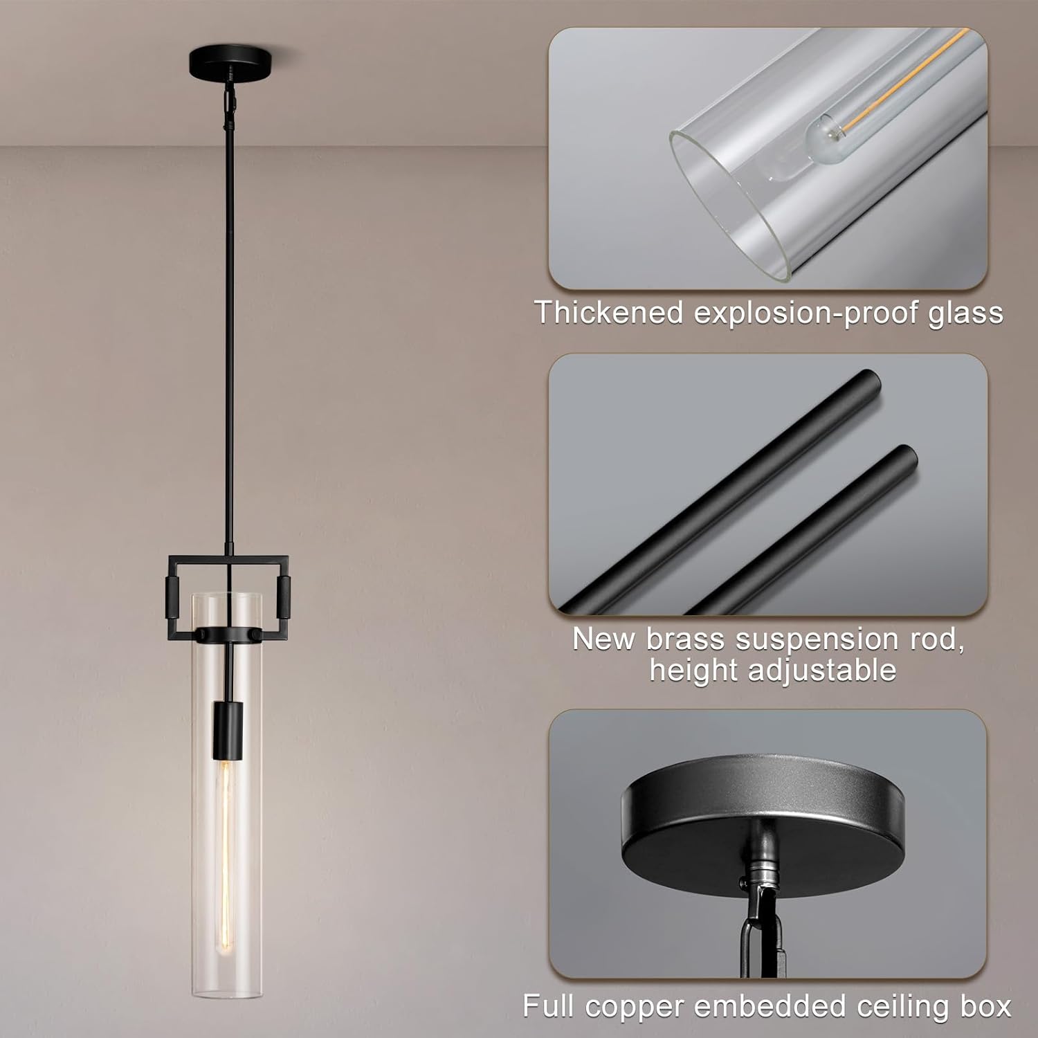 Modern Large Black Pendant Light Fixture Set of 2 - 21.6 Inch Adjustable Hanging Chandelier with Glass Shade & Brass Finish, Farmhouse Island Lighting for Kitchen, Dining Room, Bathroom - 2pc - BlackBlushlighting