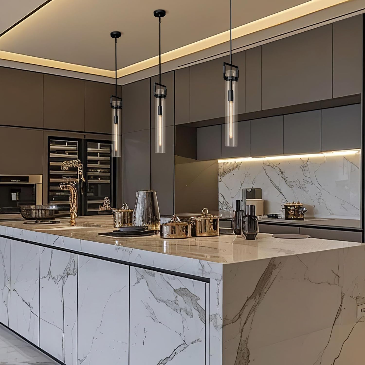 Modern Large Black Pendant Light Fixture Set of 2 - 21.6 Inch Adjustable Hanging Chandelier with Glass Shade & Brass Finish, Farmhouse Island Lighting for Kitchen, Dining Room, Bathroom - 2pc - BlackBlushlighting