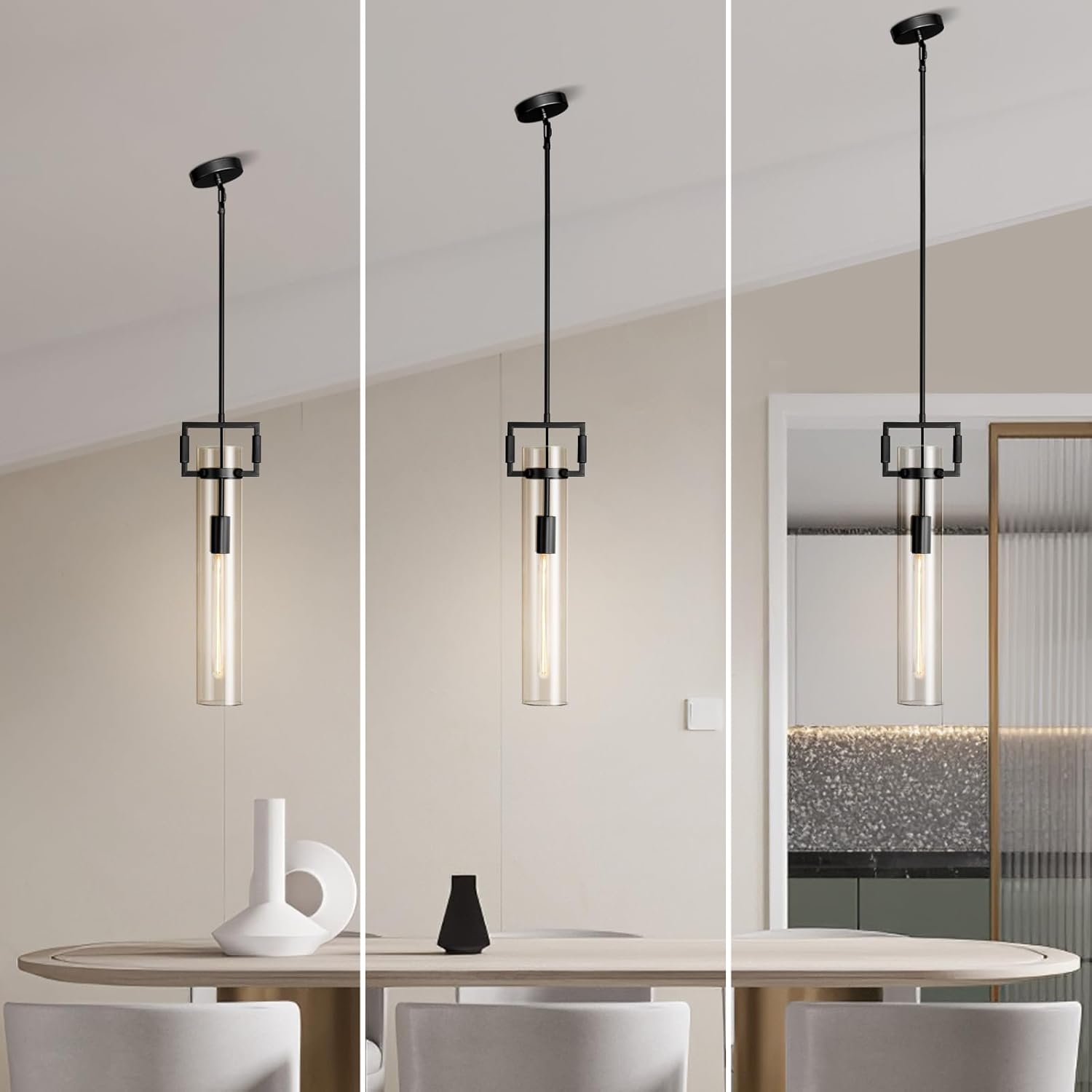 Modern Large Black Pendant Light Fixture Set of 2 - 21.6 Inch Adjustable Hanging Chandelier with Glass Shade & Brass Finish, Farmhouse Island Lighting for Kitchen, Dining Room, Bathroom - 2pc - BlackBlushlighting