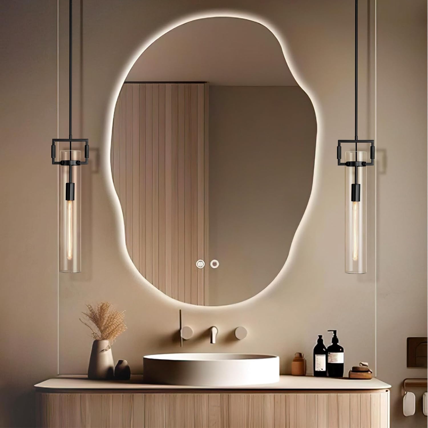 Modern Large Black Pendant Light Fixture Set of 2 - 21.6 Inch Adjustable Hanging Chandelier with Glass Shade & Brass Finish, Farmhouse Island Lighting for Kitchen, Dining Room, Bathroom - 2pc - BlackBlushlighting