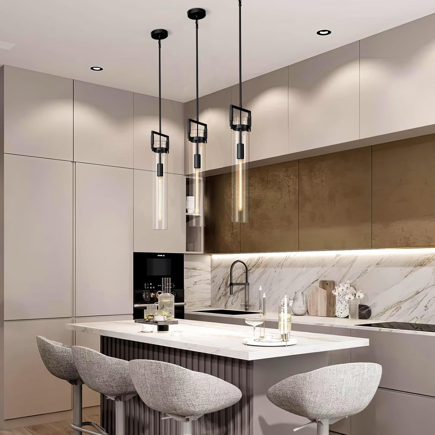 Modern Large Black Pendant Light Fixture Set of 2 - 21.6 Inch Adjustable Hanging Chandelier with Glass Shade & Brass Finish, Farmhouse Island Lighting for Kitchen, Dining Room, Bathroom - 2pc - BlackBlushlighting