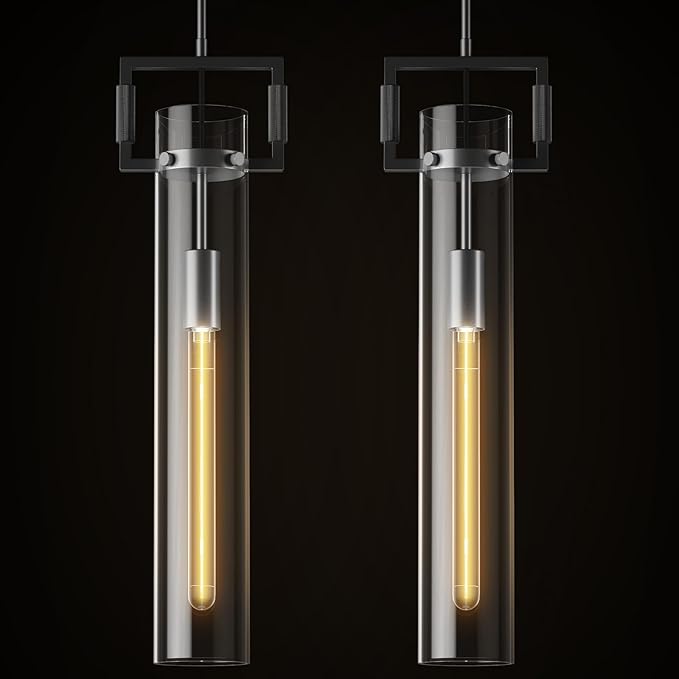 Modern Large Black Pendant Light Fixture Set of 2 - 21.6 Inch Adjustable Hanging Chandelier with Glass Shade & Brass Finish, Farmhouse Island Lighting for Kitchen, Dining Room, Bathroom - 2pc - BlackBlushlighting