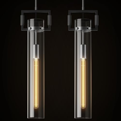 Modern Large Black Pendant Light Fixture Set of 2 - 21.6 Inch Adjustable Hanging Chandelier with Glass Shade & Brass Finish, Farmhouse Island Lighting for Kitchen, Dining Room, Bathroom - 2pc - BlackBlushlighting