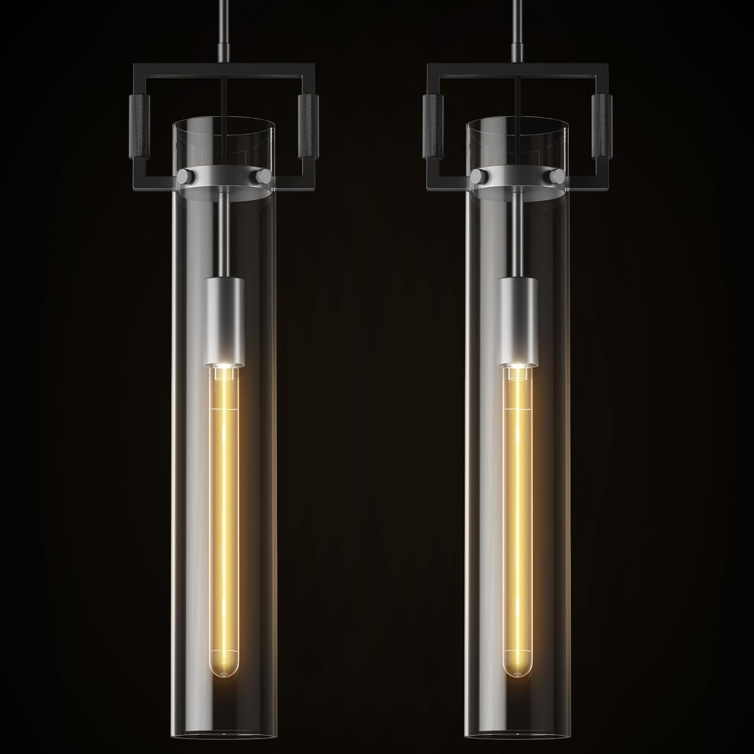 Modern Large Black Pendant Light Fixture Set of 2 - 21.6 Inch Adjustable Hanging Chandelier with Glass Shade & Brass Finish, Farmhouse Island Lighting for Kitchen, Dining Room, Bathroom - 2pc - BlackBlushlighting