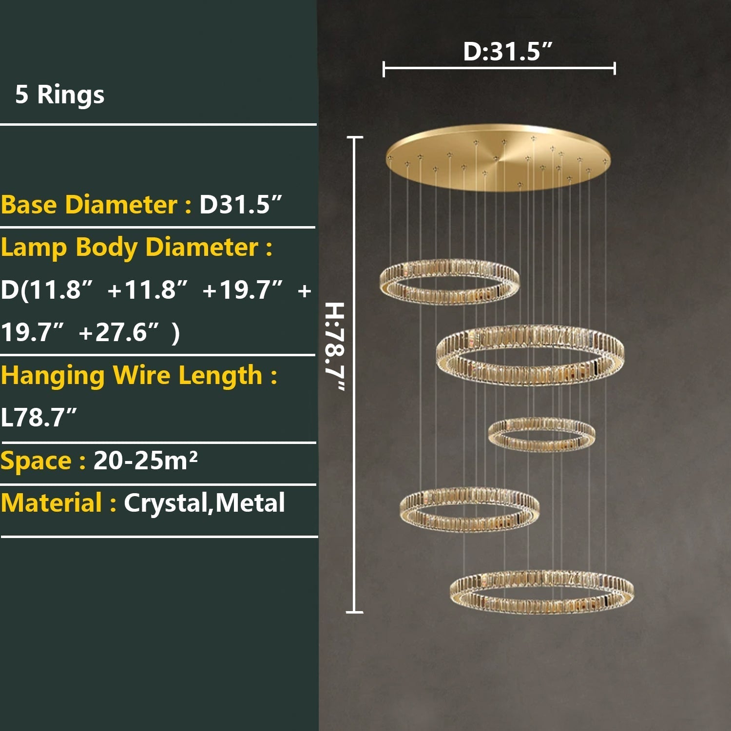 Modern Layered Ring Crystal Chandelier For High Ceiling Living Room /Foryer/Stairscase - 5 Rings:D23.6"*H78.7"Warm LightBlushlighting