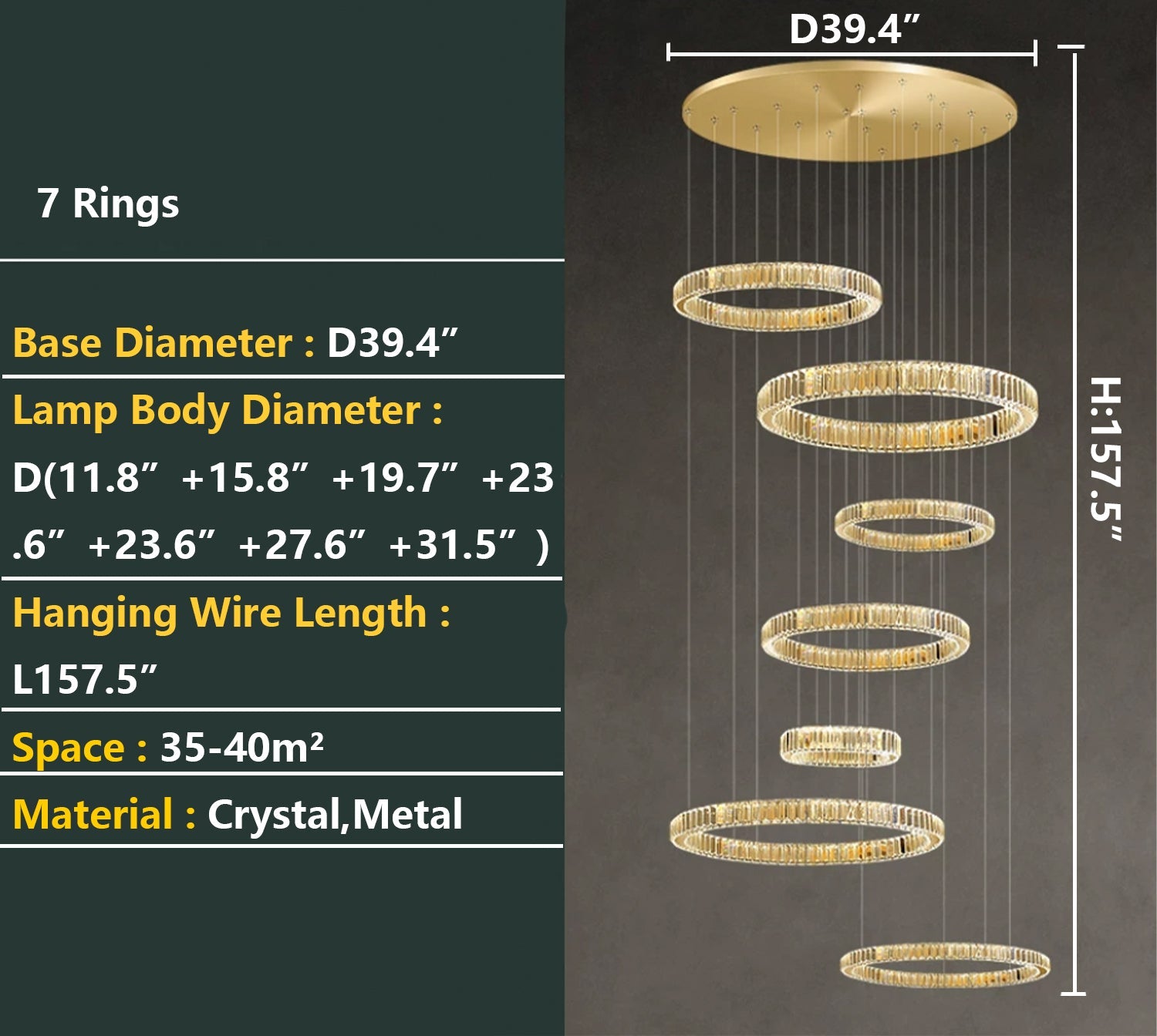 Modern Layered Ring Crystal Chandelier For High Ceiling Living Room /Foryer/Stairscase - 5 Rings:D23.6"*H78.7"Warm LightBlushlighting