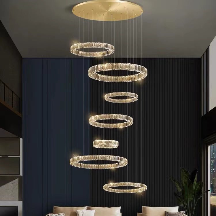 Modern Layered Ring Crystal Chandelier For High Ceiling Living Room /Foryer/Stairscase - 5 Rings:D23.6"*H78.7"Warm LightBlushlighting