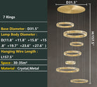 Modern Layered Ring Crystal Chandelier For High Ceiling Living Room /Foryer/Stairscase - 5 Rings:D23.6"*H78.7"Warm LightBlushlighting