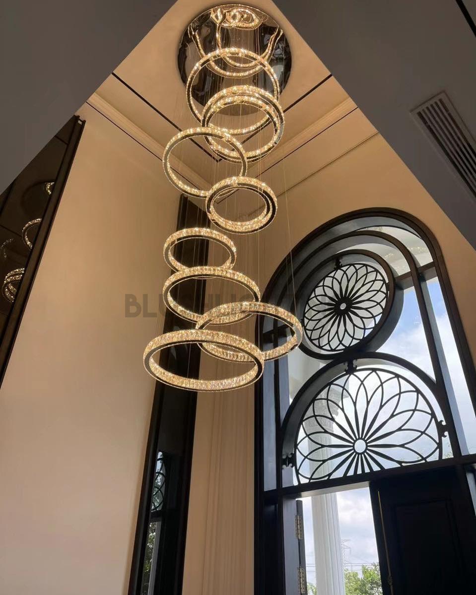 Modern Layered Ring Crystal Chandelier For High Ceiling Living Room /Foryer/Stairscase - 5 Rings:D23.6"*H78.7"Warm LightBlushlighting