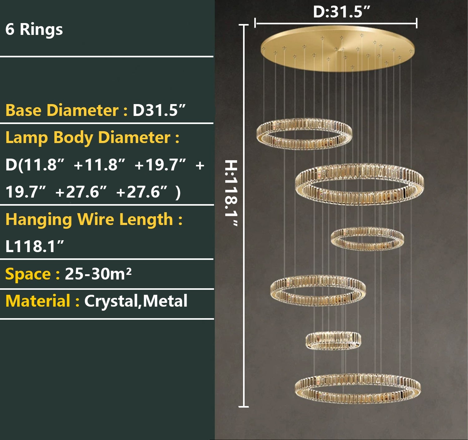 Modern Layered Ring Crystal Chandelier For High Ceiling Living Room /Foryer/Stairscase - 5 Rings:D23.6"*H78.7"Warm LightBlushlighting