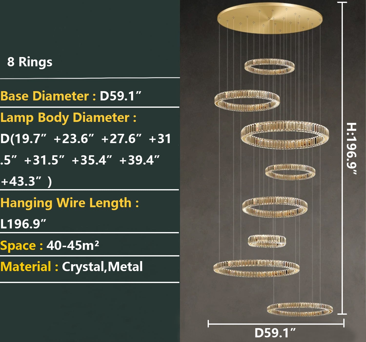Modern Layered Ring Crystal Chandelier For High Ceiling Living Room /Foryer/Stairscase - 5 Rings:D23.6"*H78.7"Warm LightBlushlighting