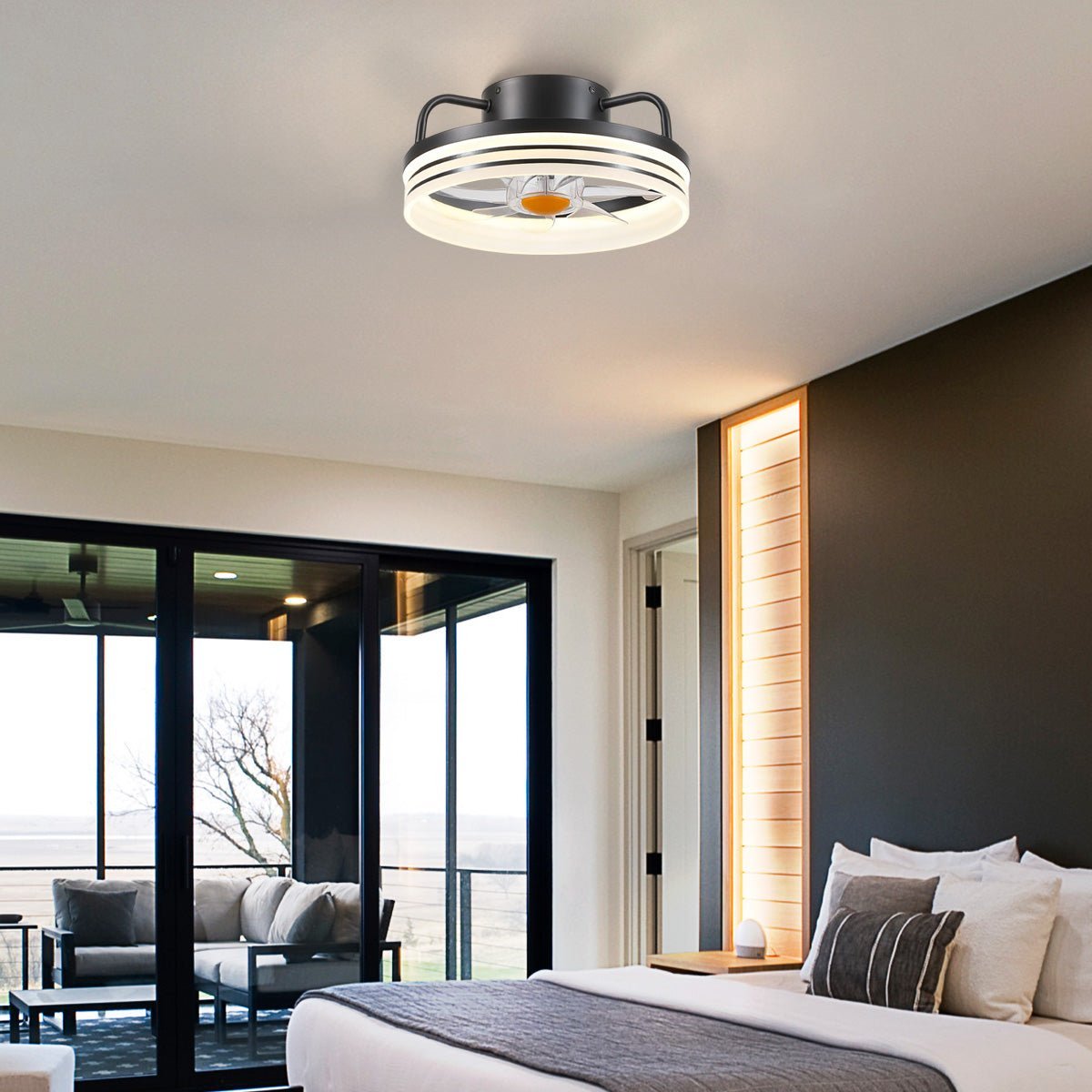 Modern LED Flush Mount Ceiling Fan Light 13" - Black & RGBBlushlighting