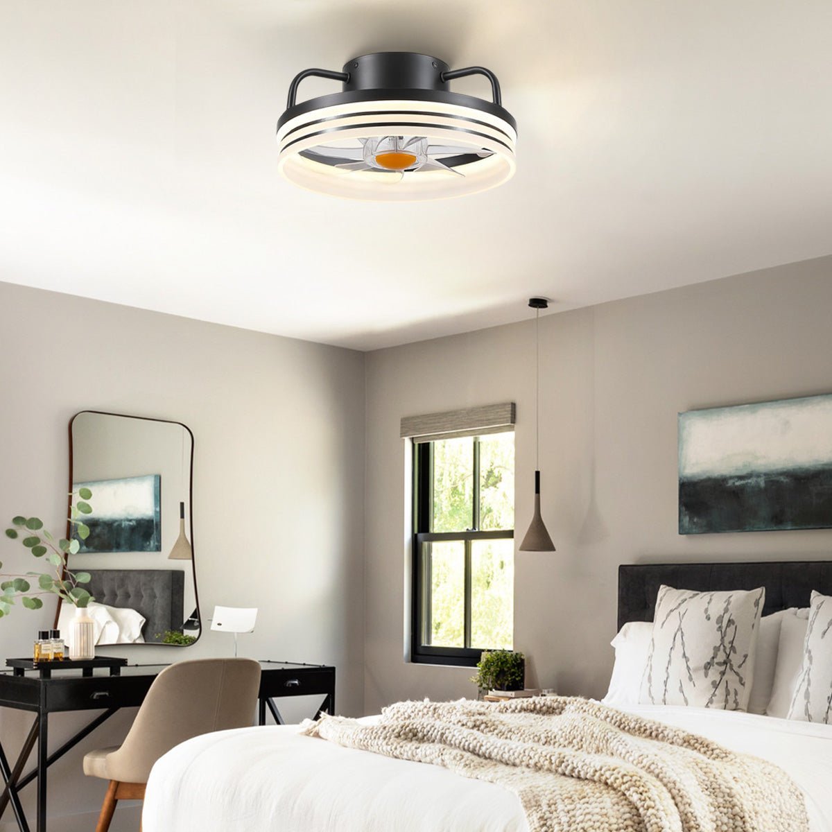 Modern LED Flush Mount Ceiling Fan Light 13" - Black & RGBBlushlighting