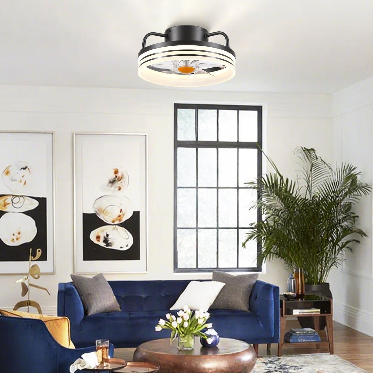 Modern LED Flush Mount Ceiling Fan Light 13" - Black & RGBBlushlighting