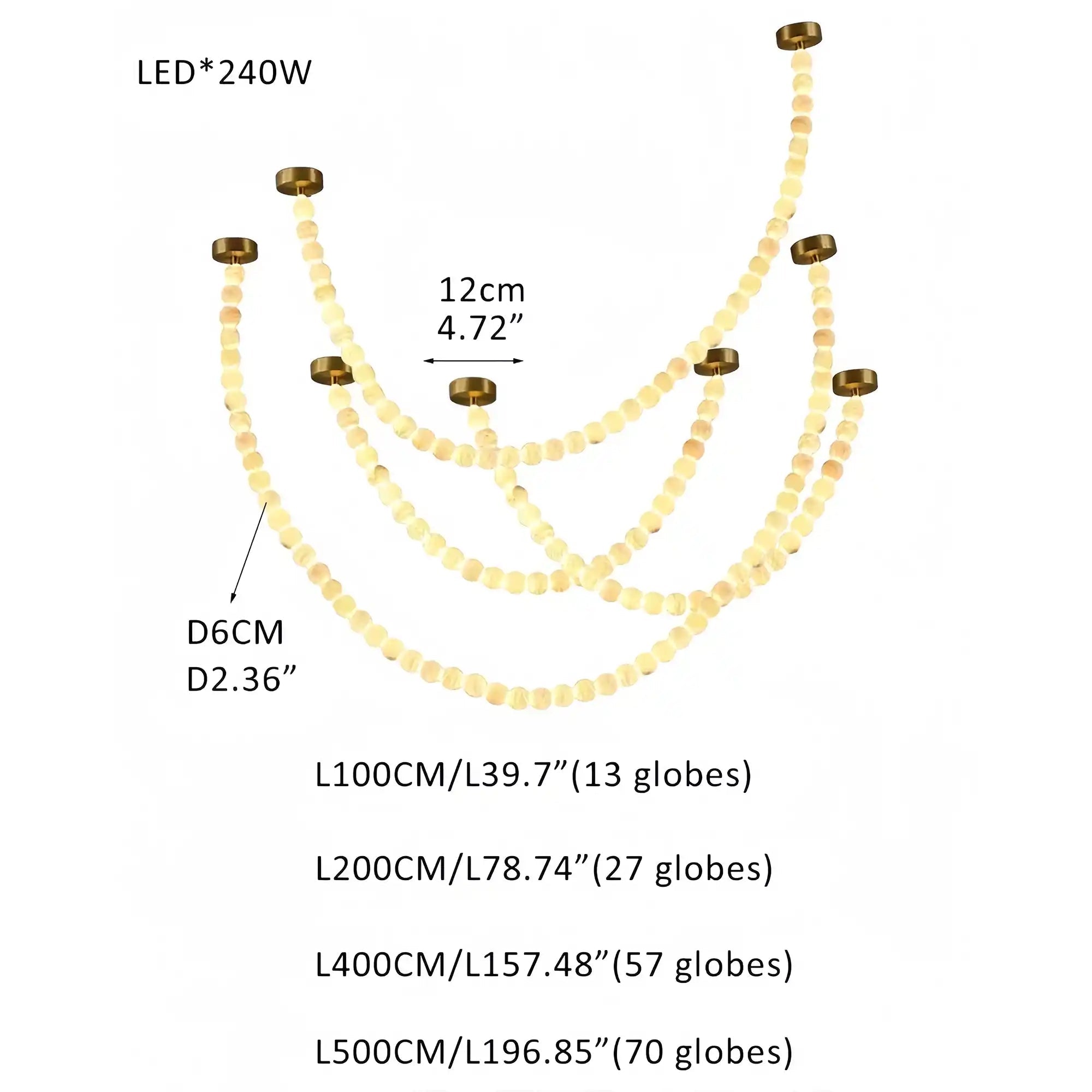 Modern LED Natural Alabaster Globes Beads Hanging Chandelier Indoor Lighting Fixture - 167 globes - L100+L200+L400+L500CM/L40"+L80"+L157"+L197"Warm Light (3000K)Brass + WhiteBlushlighting