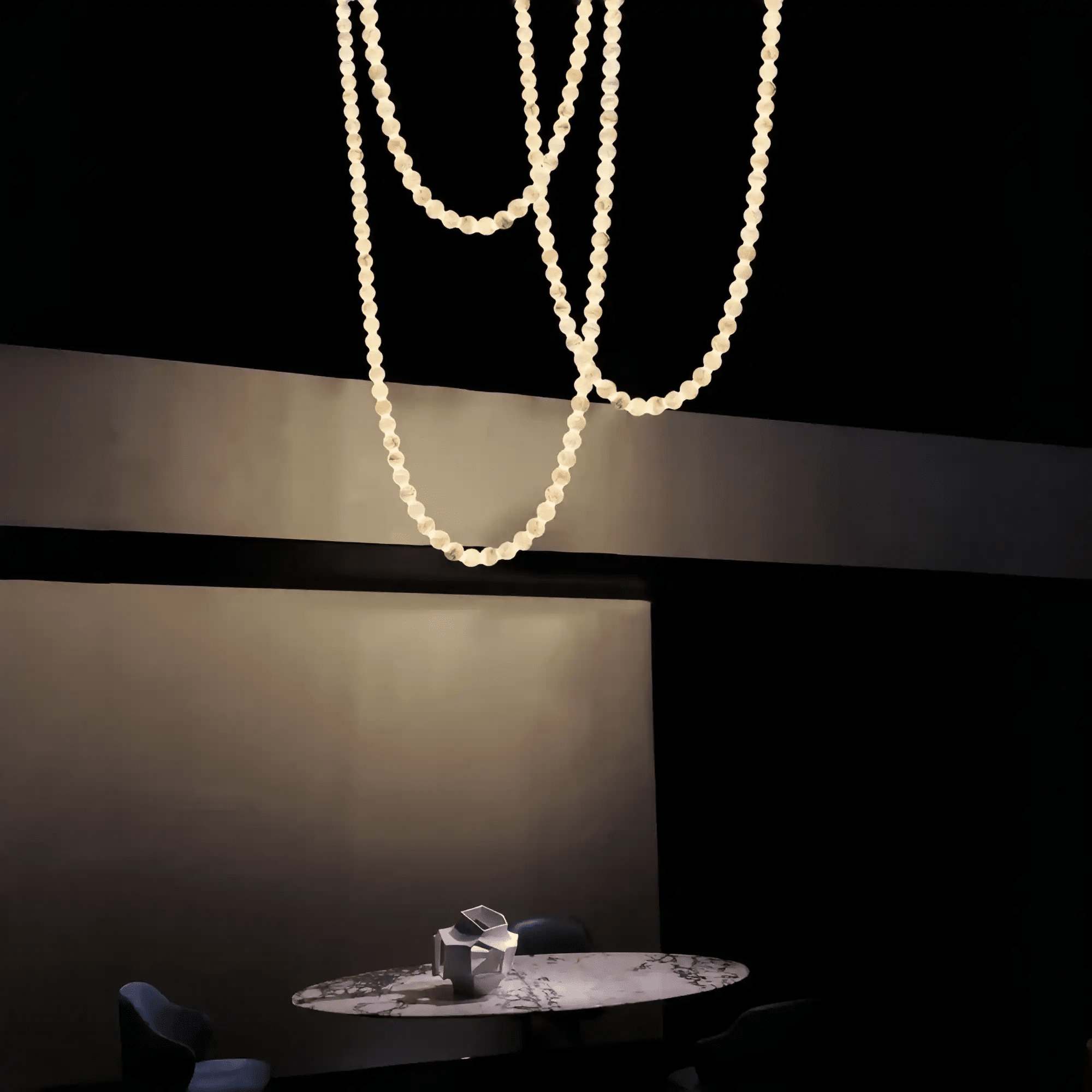Modern LED Natural Alabaster Globes Beads Hanging Chandelier Indoor Lighting Fixture-Modern Pendant lamp-Blushlighting-125 globes-L100+L300+L500CM/L40"+L118"+L197"-Warm Light (3000K)-Black + White-Blushlighting