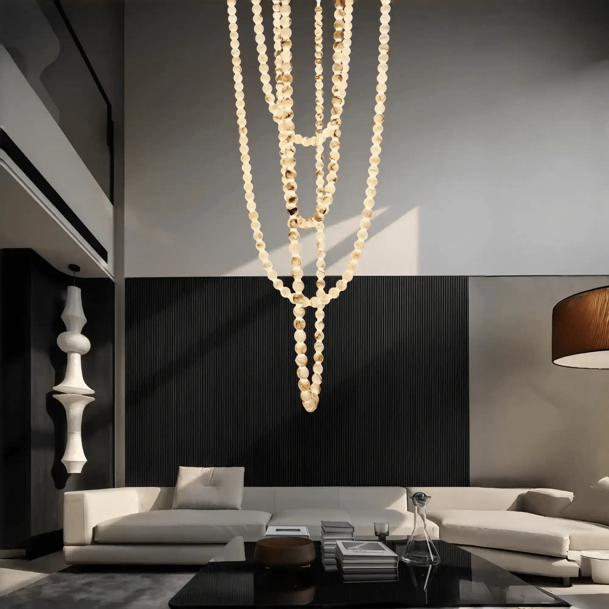 Modern LED Natural Alabaster Globes Beads Hanging Chandelier Indoor Lighting Fixture-Modern Pendant lamp-Blushlighting-209 globes-L100+L200+L300+L400+L500CM/L40"+L80"+L118"+L157"+L197"-Neutral Light (4000K)-Brass + White-Blushlighting