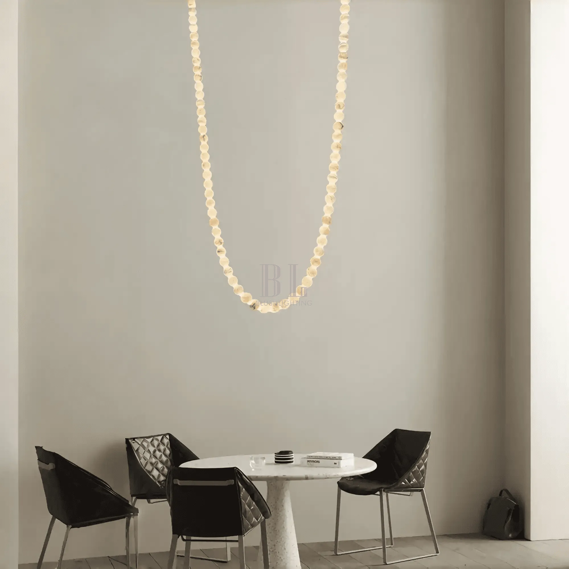 Modern LED Natural Alabaster Globes Beads Hanging Chandelier Indoor Lighting Fixture-Modern Pendant lamp-Blushlighting-70 globes-L500CM/L197"-Warm Light (3000K)-Black + White-Blushlighting