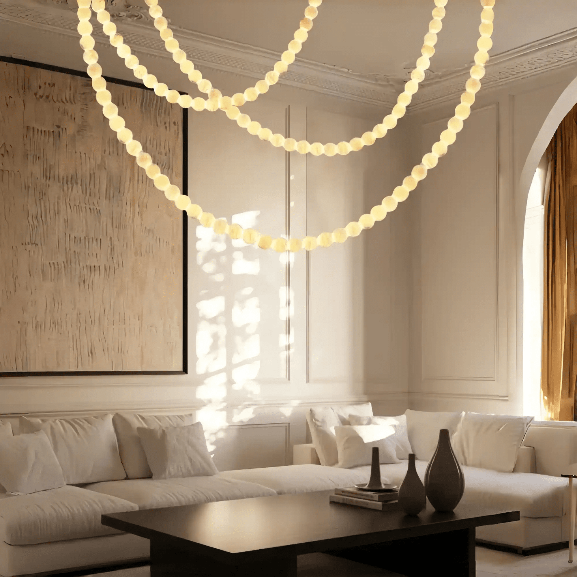 Modern LED Natural Alabaster Globes Beads Hanging Chandelier Indoor Lighting Fixture-Modern Pendant lamp-Blushlighting-125 globes-L100+L300+L500CM/L40"+L118"+L197"-Cool Light (6000k)-Brass + White-Blushlighting
