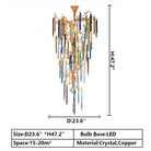 colorful, creative, Modern Light Luxury Brass Branches Colored Glass Column Chandelier for Staircase/Living Room/High-ceiling Space,special,unique,gorgeous, dimmable, dimension