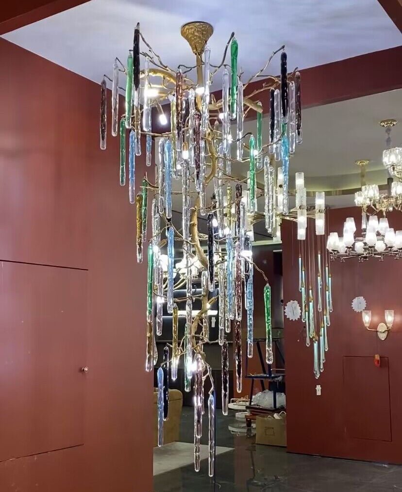 Modern Light Luxury Brass Branches Colored Glass Column Chandelier for Staircase/Living Room/High - ceiling Space - D 31.50" * H 70.87"White LightBlushlighting