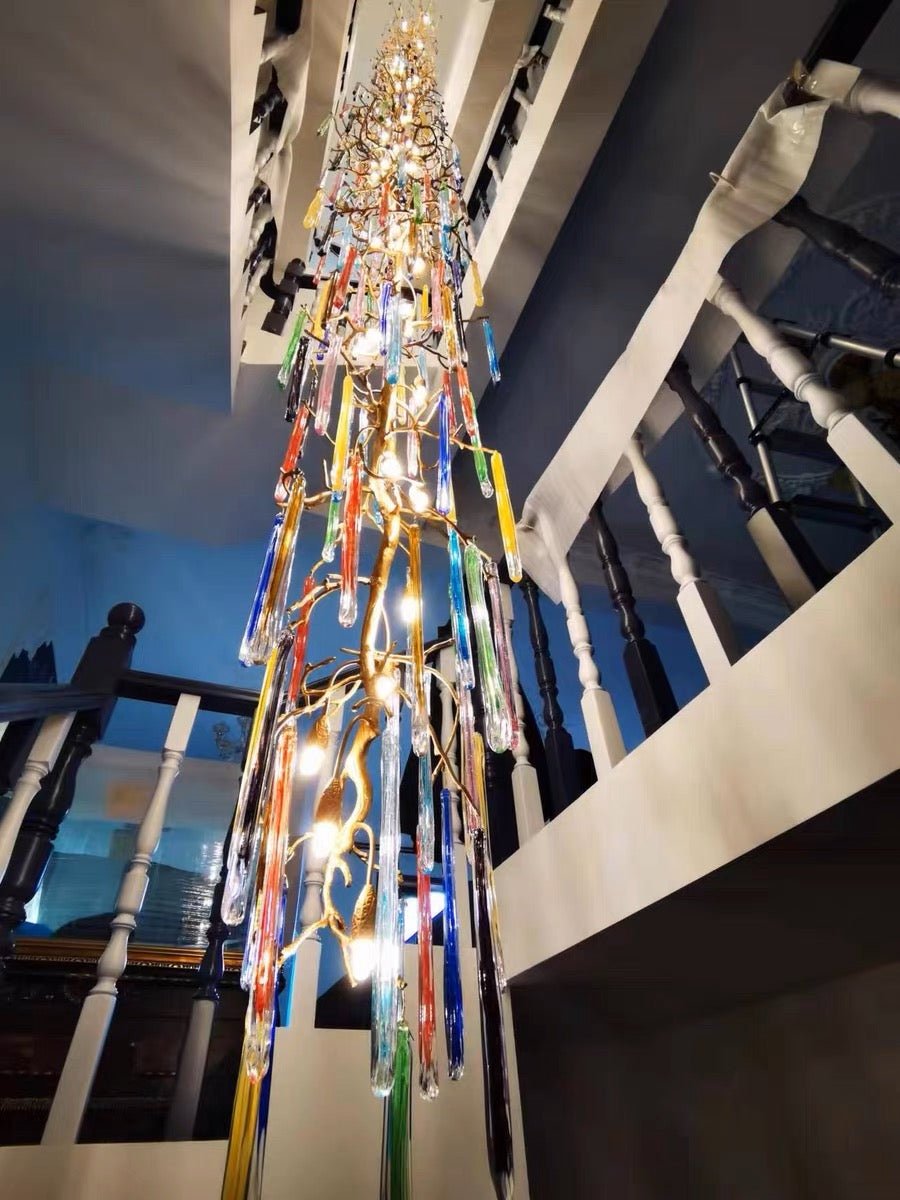 Modern Light Luxury Brass Branches Colored Glass Column Chandelier for Staircase/Living Room/High - ceiling Space - D 31.50" * H 70.87"White LightBlushlighting