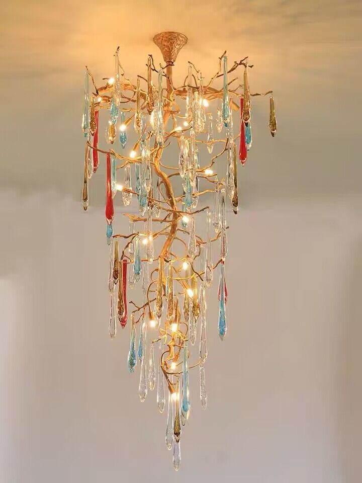 Modern Light Luxury Brass Branches Colored Glass Column Chandelier for Staircase/Living Room/High - ceiling Space - D 23.62" * H 39.37"Dimmable Warm LightBlushlighting