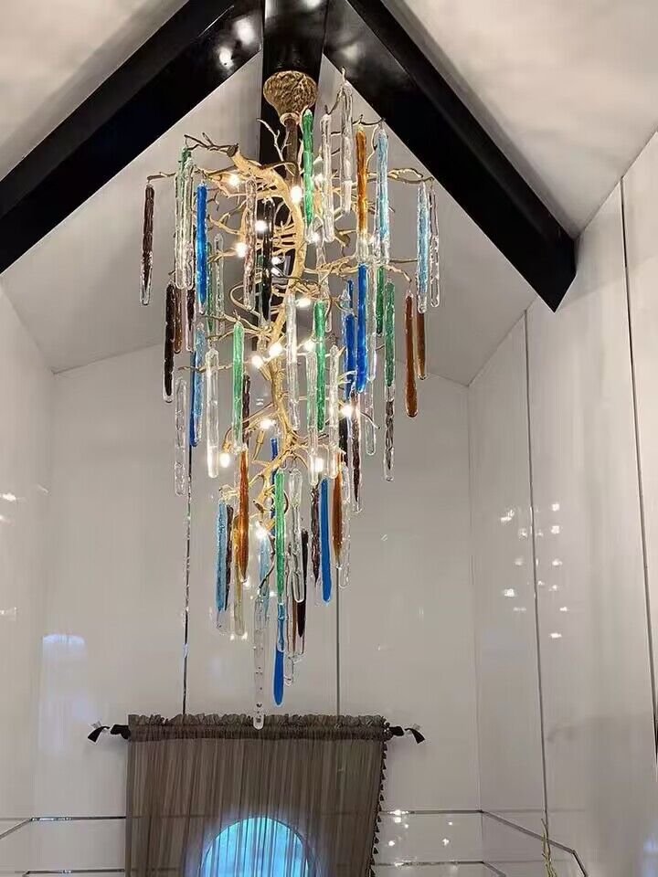 Modern Light Luxury Brass Branches Colored Glass Column Chandelier for Staircase/Living Room/High - ceiling Space - D 23.62" * H 39.37"Dimmable White LightBlushlighting