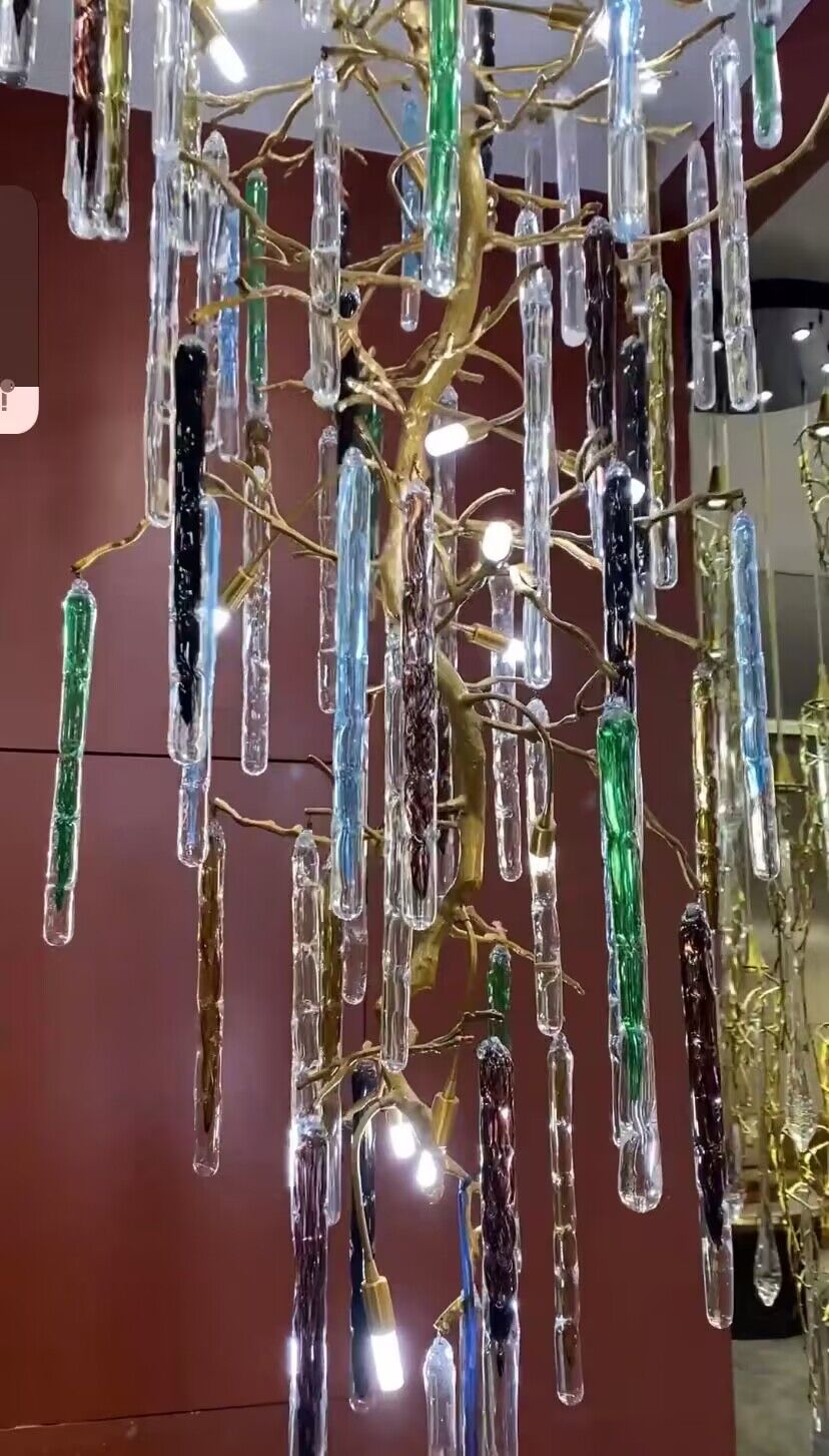 Modern Light Luxury Brass Branches Colored Glass Column Chandelier for Staircase/Living Room/High - ceiling Space - D 31.50" * H 70.87"Dimmable White LightBlushlighting