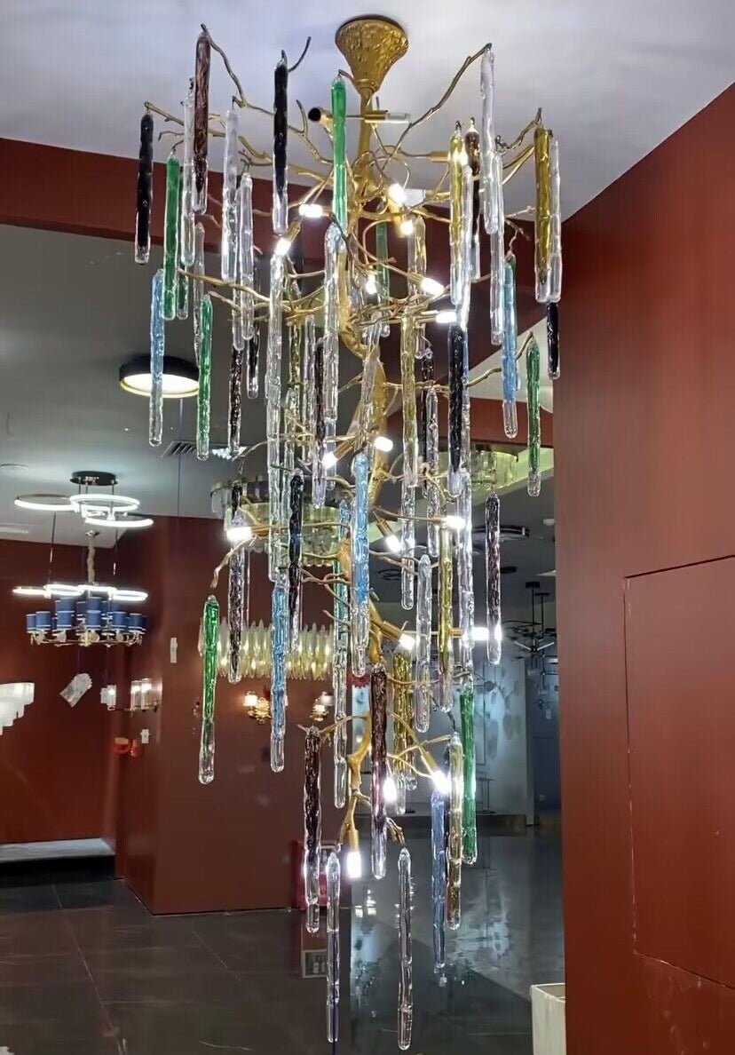 Modern Light Luxury Brass Branches Colored Glass Column Chandelier for Staircase/Living Room/High - ceiling Space - D 23.62" * H 39.37"White LightBlushlighting