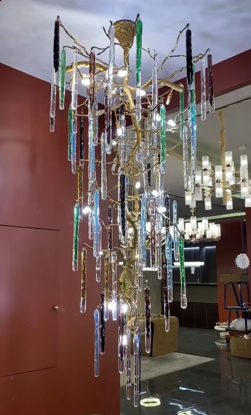 Modern Light Luxury Brass Branches Colored Glass Column Chandelier for Staircase/Living Room/High - ceiling Space - D 23.62" * H 39.37"White LightBlushlighting