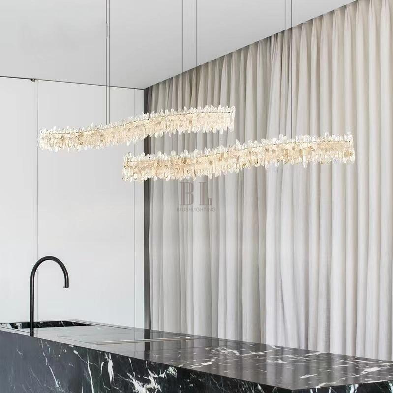 Modern Light Luxury Designer Model Natural Crystal Stone Long Dining Chandelier Furniture for Dining Room/Kitchen Island/Study Room - L47.2"*H4.7"Warm LightBlushlighting