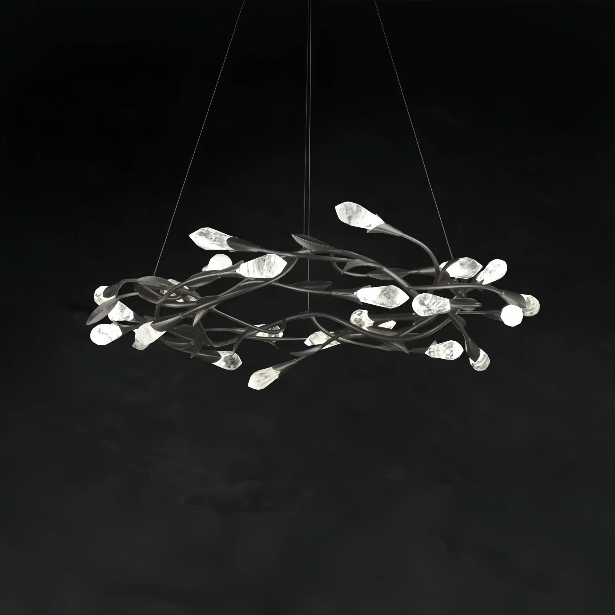 Modern Linear/Round Floral Branches Crystal Chandelier-Round/D35.4"*H8.5"(D90cm*H21.6cm)-Black-Dimmable White Light-Blushlighting