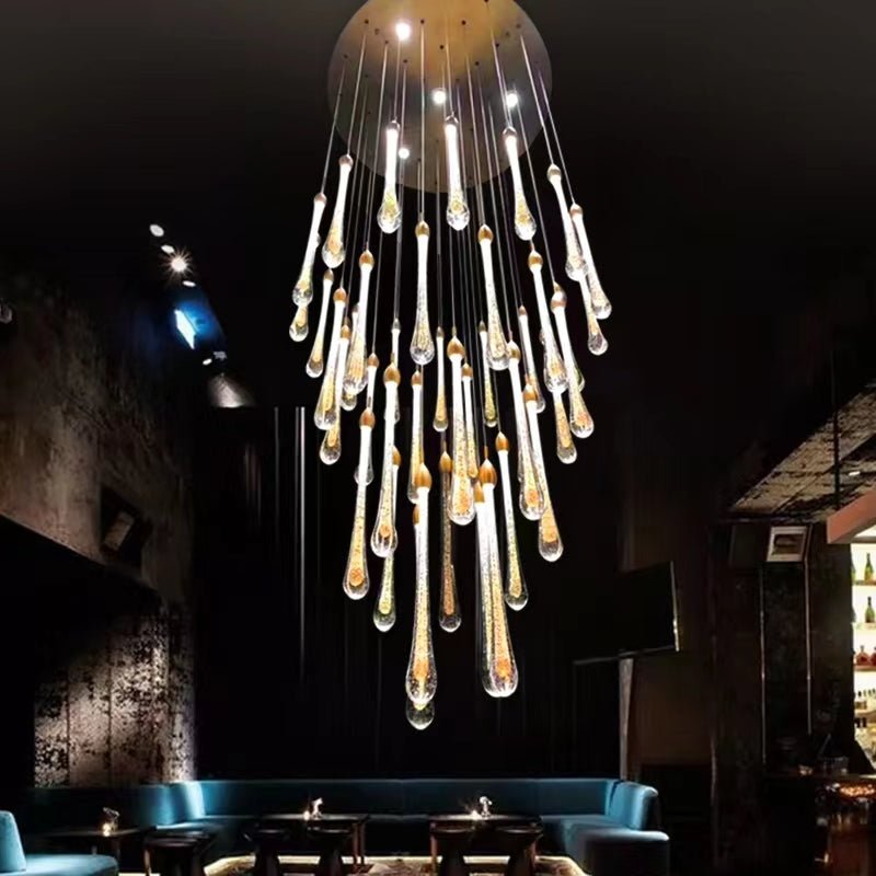 Modern Long Gold Glass Raindrop Rod Pendant Light for Staircase/High - ceiling room - One Single: D3.9"*H15.0"Blushlighting