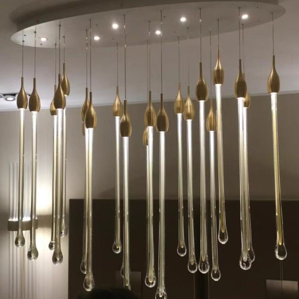Modern Long Gold Glass Raindrop Rod Pendant Light for Staircase/High - ceiling room - One Single: D3.9"*H15.0"Blushlighting