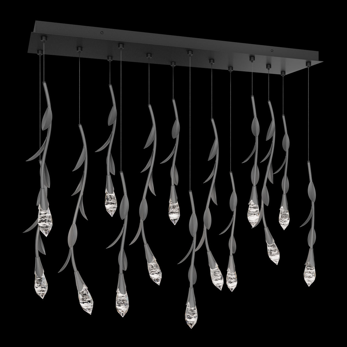 Modern Luxury Floating Branches Floral Crystal Chandelier with Rectangular Canopy for High-ceiling-14 Lights/L40"*W9.5"*H118.1"(L101.6cm*W24.1cm*H300cm)-Gold-Warm Light-Blushlighting