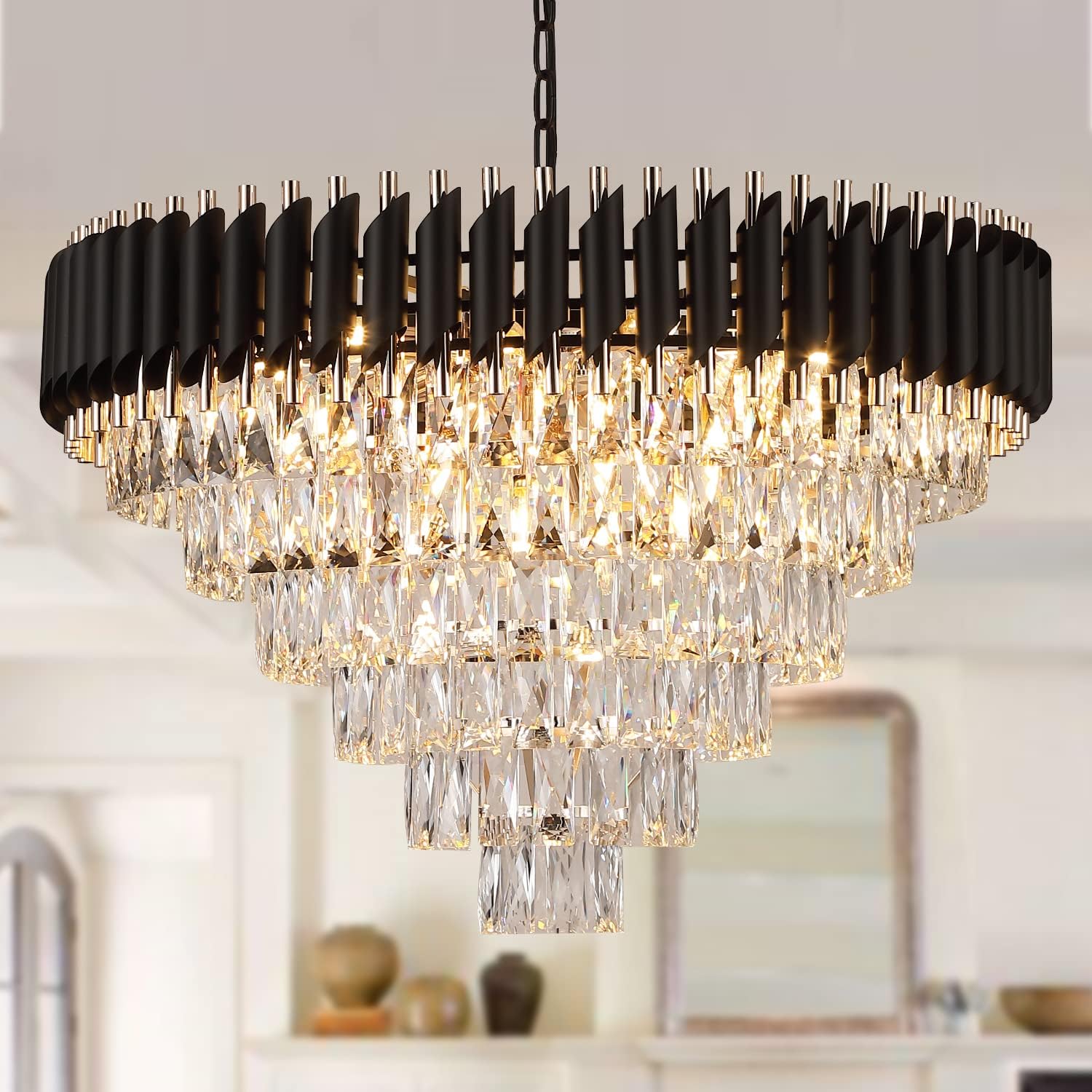 Modern Luxury Multi-Tier Oval/Round Crystal Tiered Chandelier-Chandeliers-Blushlighting-Round/D29.5"*H18.9"/6 Tiers-Warm Light-Blushlighting