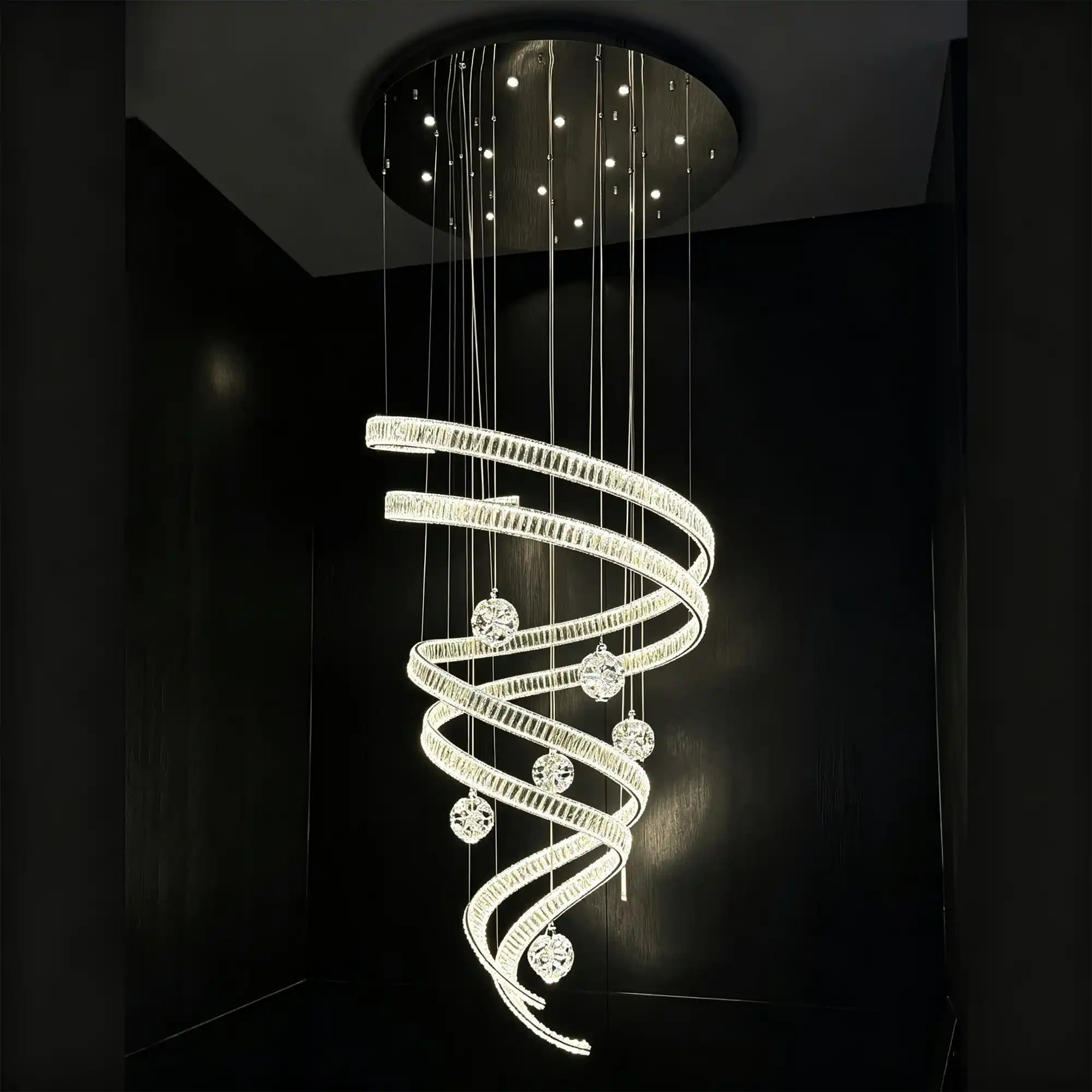 Modern Luxury Spiral Ribbon Multi-Ball Crystal Chandelier for Foyer/Staircase - D47.24"*H118.11"(D120cm*H300cm)Dimmable Warm LightBlushlighting