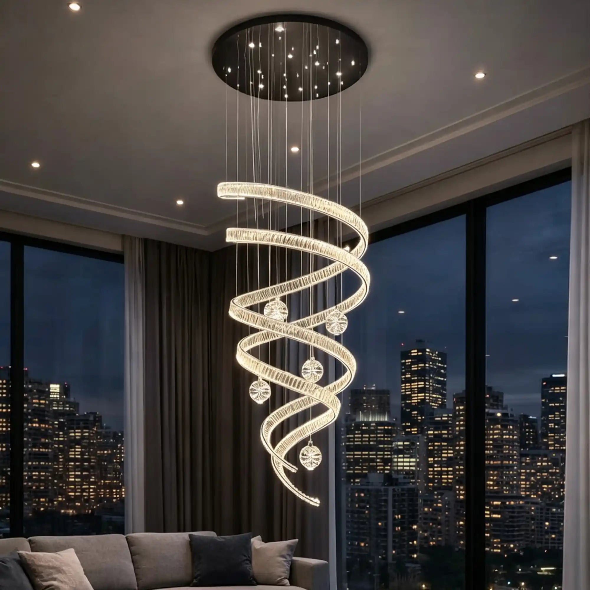Modern Luxury Spiral Ribbon Multi-Ball Crystal Chandelier for Foyer/Staircase - D47.24"*H118.11"(D120cm*H300cm)Warm LightBlushlighting