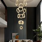 Modern Multi Gold Donuts Shape Crystal Chandelier Ring Round Light Fixture for Foyer Staircase - Linear/ D 63" * H 98.4"ChromeWarm LightBlushlighting