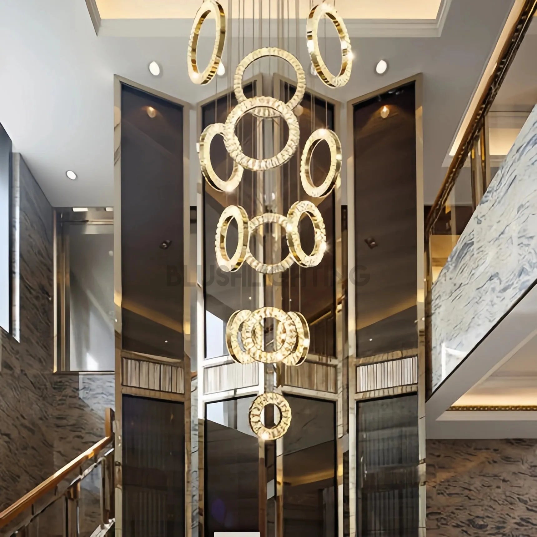 Modern Multi Gold Donuts Shape Crystal Chandelier Ring Round Light Fixture for Foyer Staircase - Round/ D 31.5" * H 118.1"GoldDimmable White LightBlushlighting